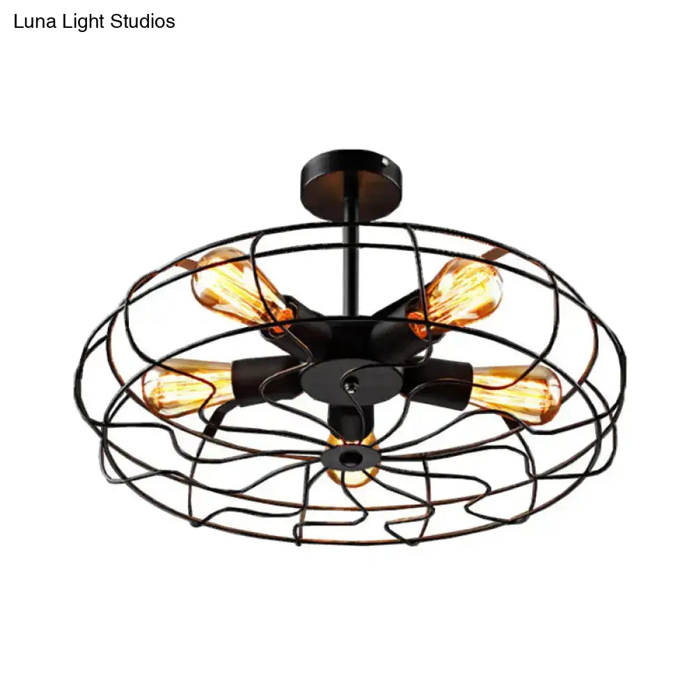 DecorBites™ DecorBites™ Industrial Black Iron 5-Light Round Cage Ceiling Lamp - Restaurant Semi Flush Light Fixture