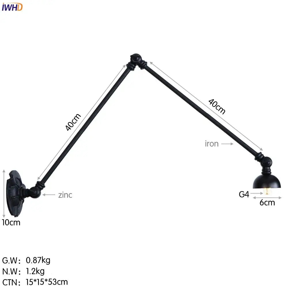 Black wrought iron industrial vintage adjustable wall sconce with zinc-finished bracket and g4 bulb holder set of 3