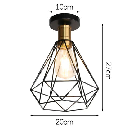 Industrial black iron aisle ceiling lamp with geometric wire cage, brass accents, and exposed edison bulb decorbites iron aisle