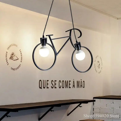 Industrial black iron bike chandelier pendant light with two exposed bulb lamps for dining room decorbites iron bike
