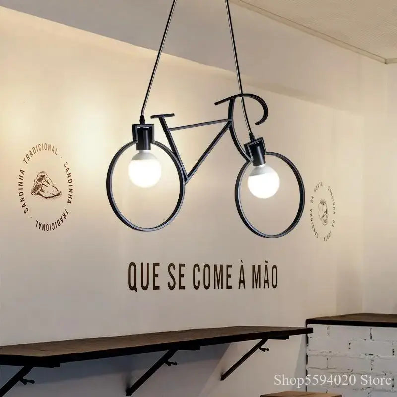 Industrial black iron bike chandelier pendant light with two exposed bulb lamps for dining room decorbites iron bike