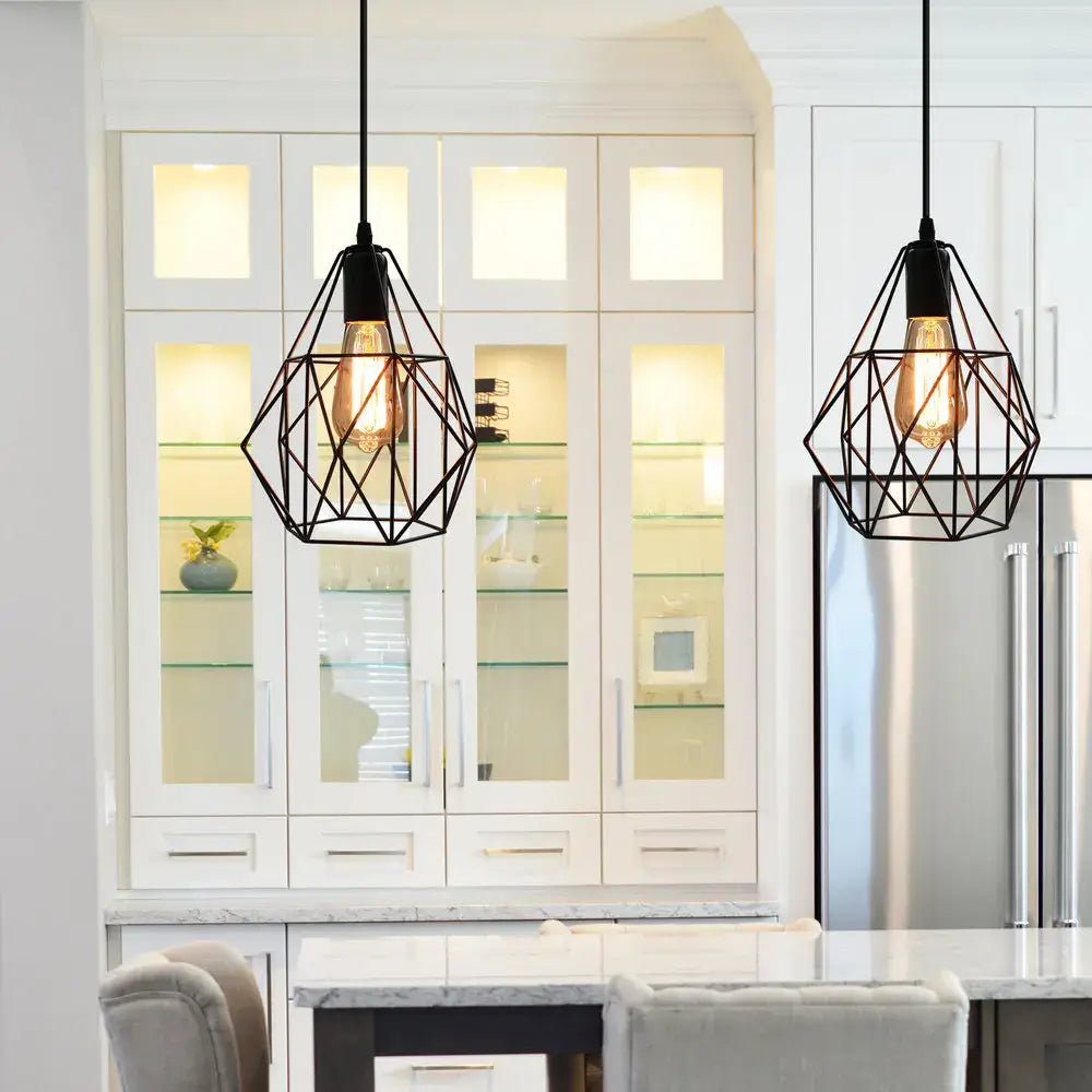 Industrial black iron cage chandelier kitchen pendant light with black geometric wire ceiling light and exposed bulbs