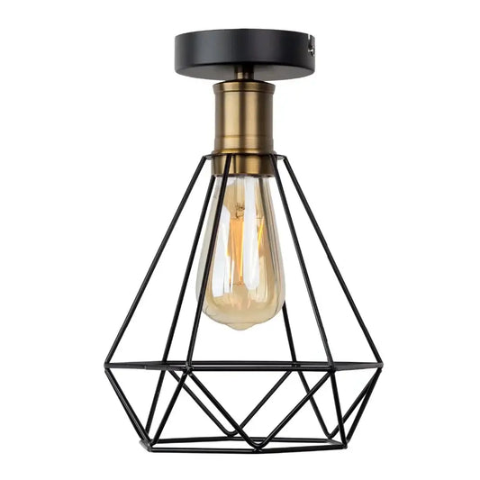Black metal geometric iron cage led ceiling light with brass stem and Edison bulb for dining room decorbites iron cage