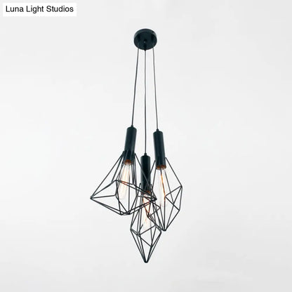 Industrial Black Iron Cage Pendant Light - Abstract Cafe Hanging Fixture with 3 Lights