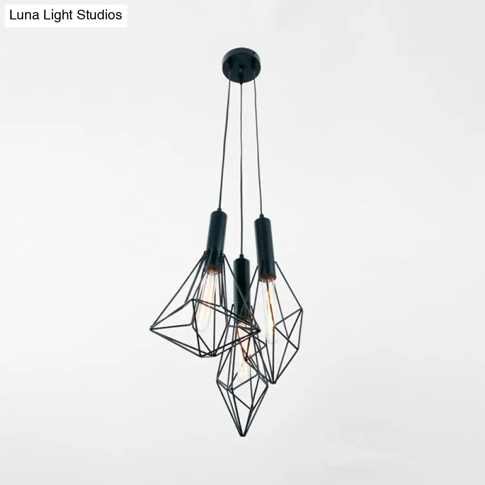 Industrial Black Iron Cage Pendant Light - Abstract Cafe Hanging Fixture with 3 Lights