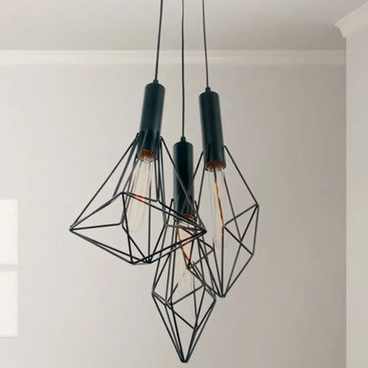 Industrial Black Iron Cage Pendant Light - Abstract Cafe Hanging Fixture with 3 Lights