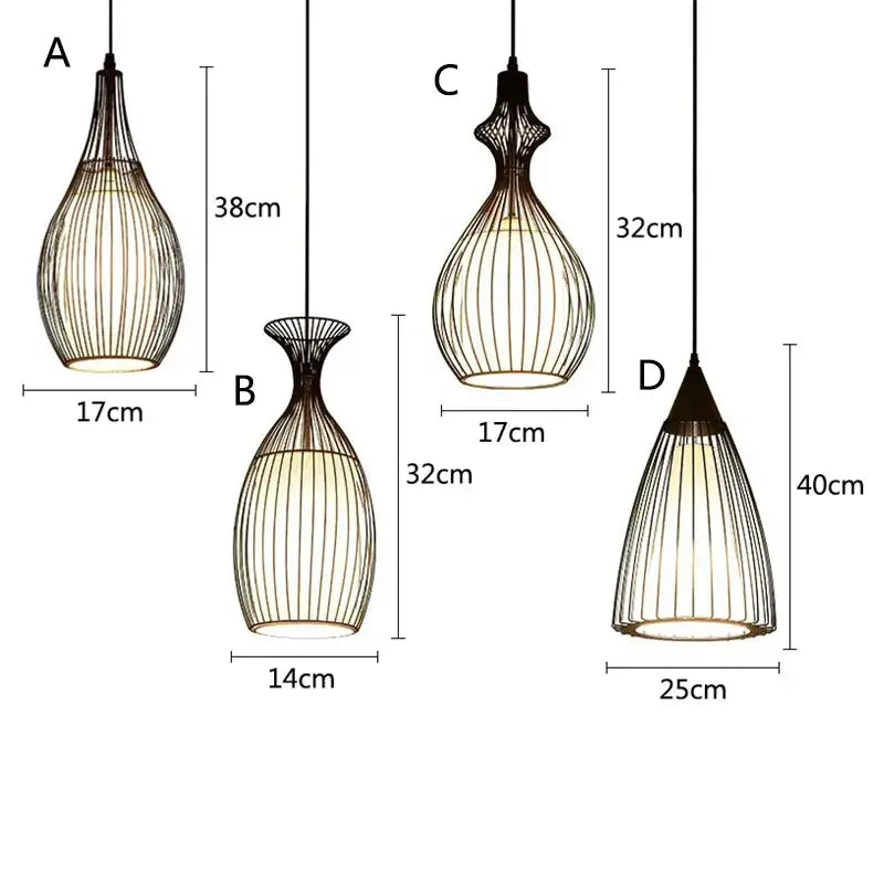 Four elegant black iron cage pendant lights with varying heights and vase-like design for dining room decorbites iron cage