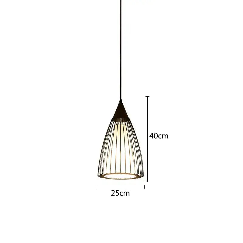A modern black iron cage pendant light with conical wireframe and warm glow for dining room decorbites pendant lights