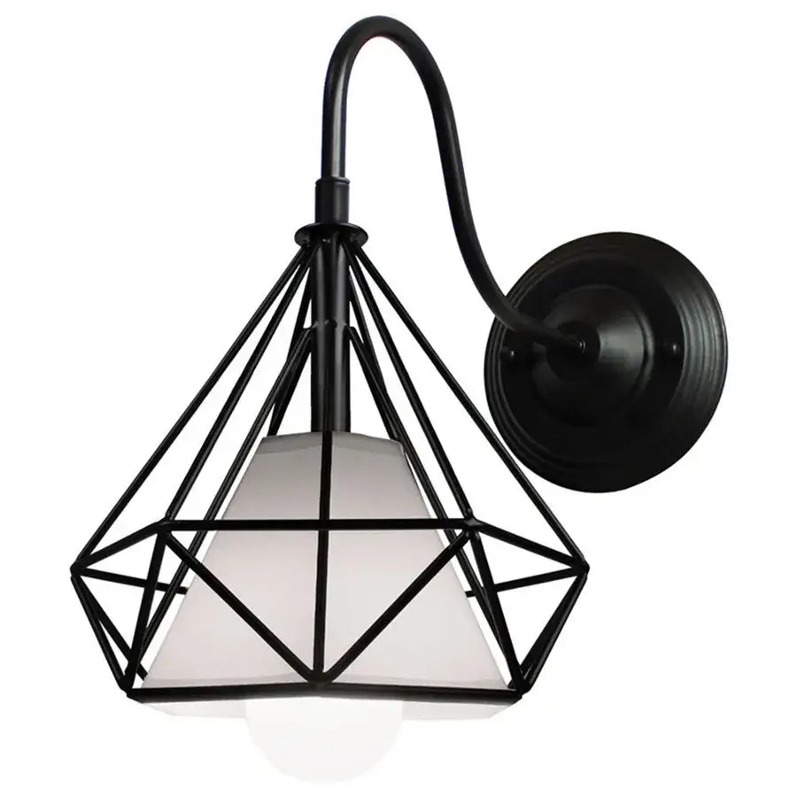 Black metal diamond-shaped iron cage wall sconce with frosted glass shade for industrial bedroom decorbites iron cage wall