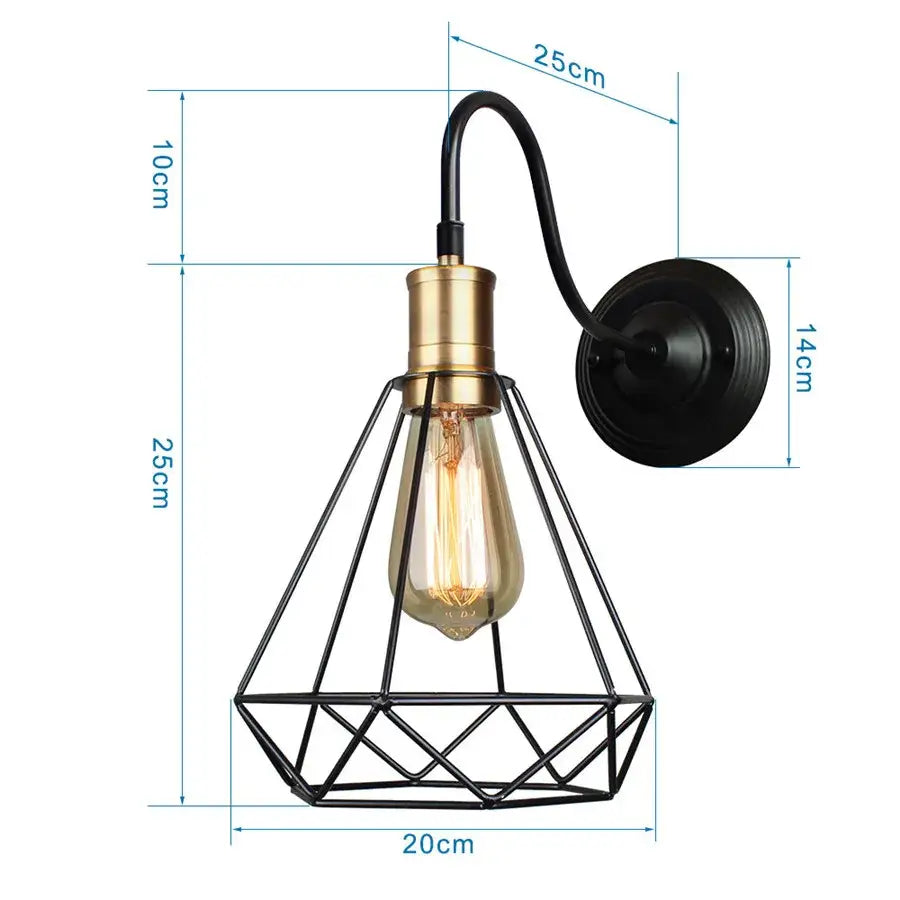 Industrial black iron cage wall sconce with brass base and exposed filament bulb by decorbites iron cage lighting