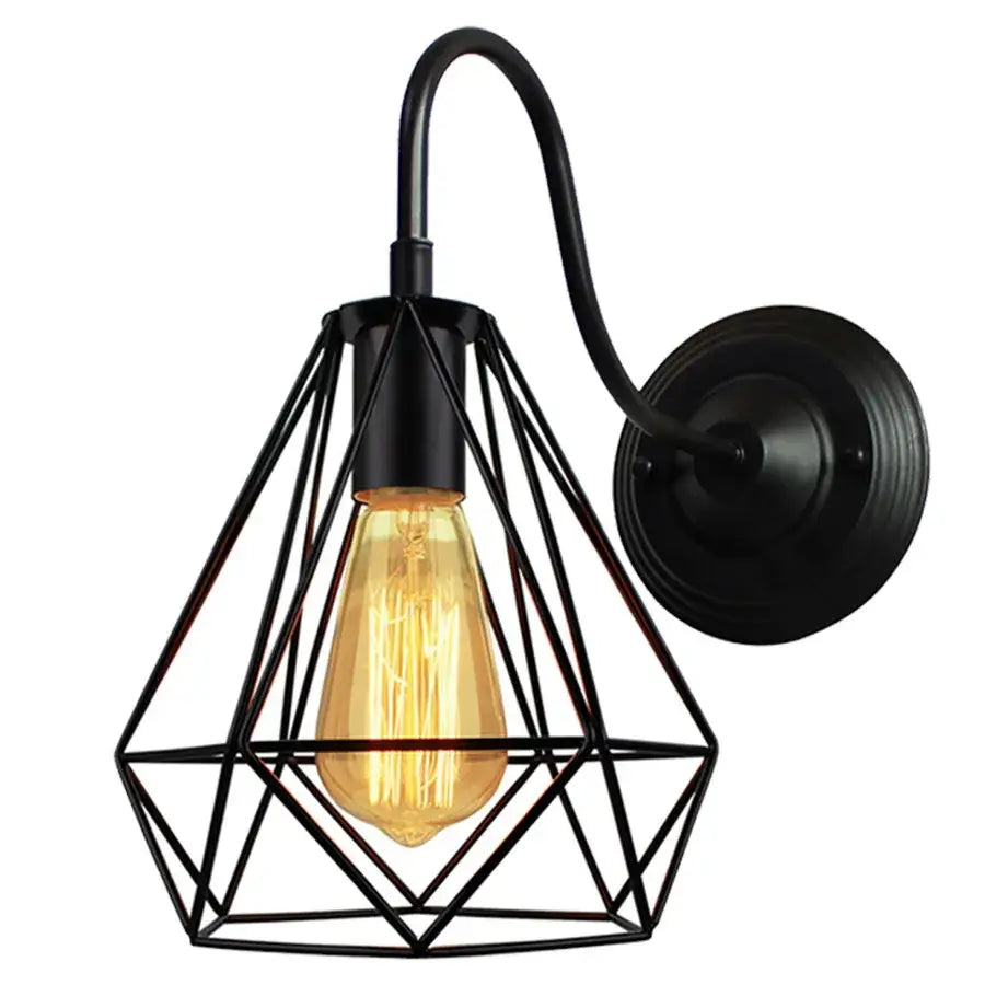 Industrial black iron cage wall sconce with geometric design and amber filament bulb for bedroom decorbites iron cage