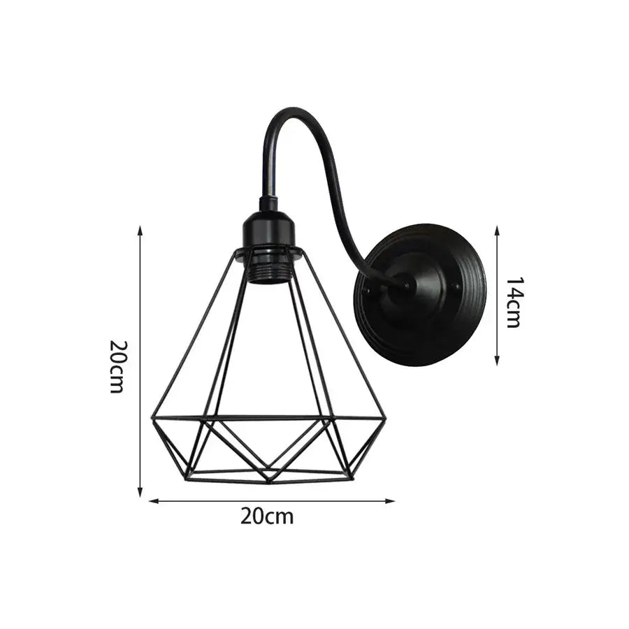 Black metal diamond-shaped iron cage wall sconce with curved arm and circular base by decorbites for bedroom use