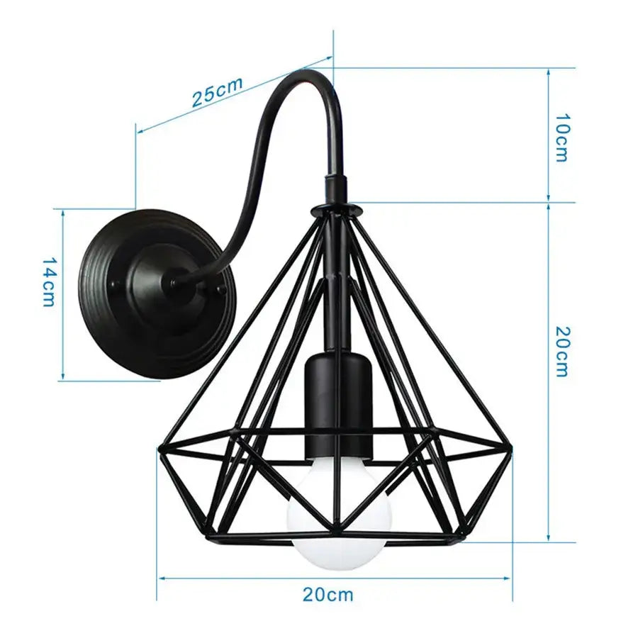 Black metal iron cage wall sconce with diamond shape curved arm and geometric cage design for bedroom decorbites iron cage