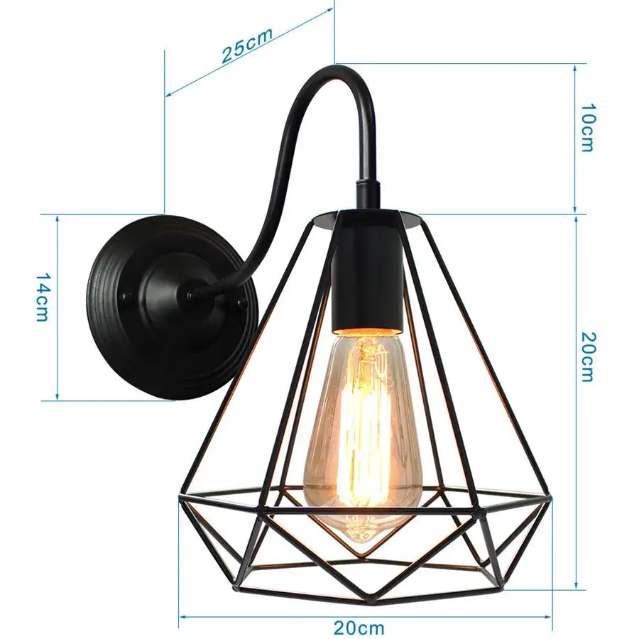 Industrial black iron cage wall sconce with geometric design and exposed edison bulb for bedroom decorbites iron cage