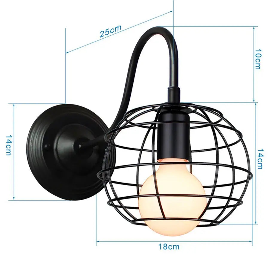 Industrial black iron cage wall sconce with spherical wire cage and exposed edison bulb for bedroom decorbites iron cage