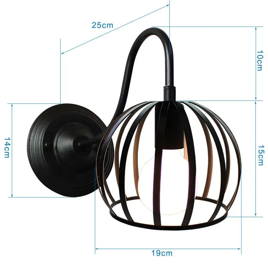 Black wrought iron cage wall sconce with curved arm and circular base for industrial decorbites iron cage wall lighting