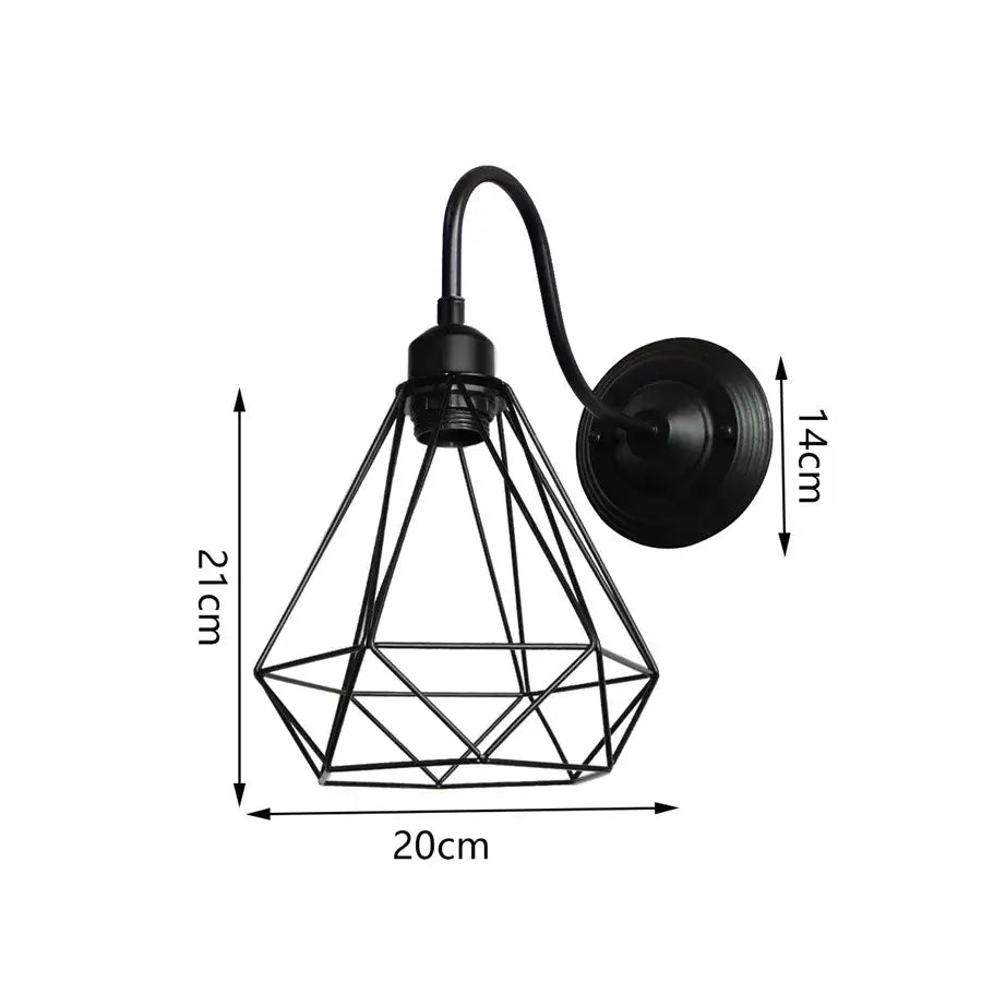 Black metal industrial iron cage wall sconce with diamond-shaped cage and curved arm for bedroom decorbites iron cage lighting