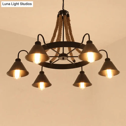 Industrial Black Iron Chandelier with Conical Shape, Wheel and Hemp Decoration
