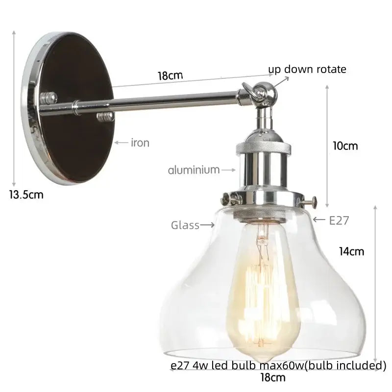 Industrial black iron led wall sconce with chrome iron and aluminum arm clear glass shade for bedroom decorbites black iron