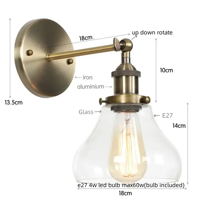 Antique brass-finished wall sconce with clear glass shade and e27 led bulb for industrial black iron led decorbites iron led wall use