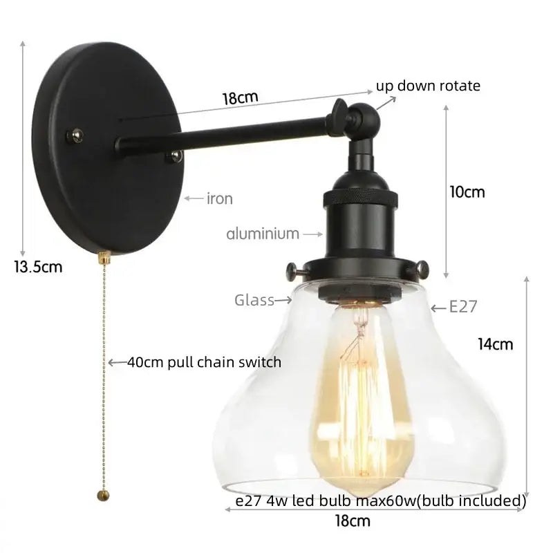 Industrial black iron led wall sconce with pull chain featuring a clear glass shade and e27 bulb for bedroom decorbites black iron