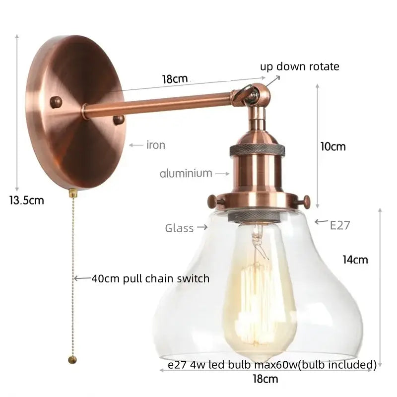 Industrial black iron led wall sconce with copper finish clear glass shade and e27 led bulb for bedroom decorbites black iron
