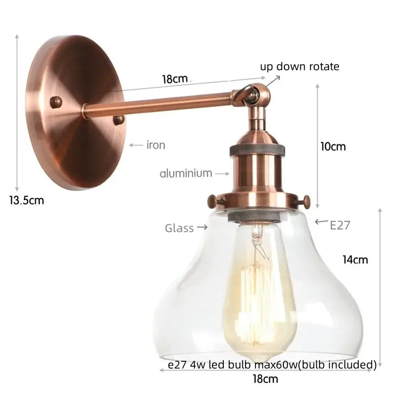 Industrial black iron led wall sconce with copper finish clear glass shade and e27 led bulb for bedroom decorbites black iron