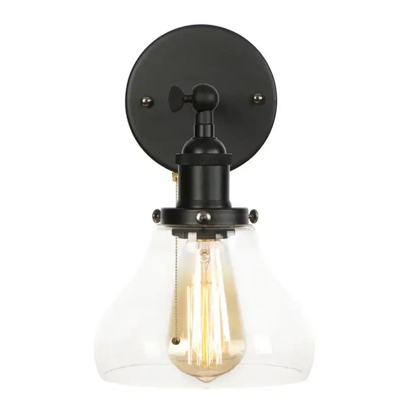 Industrial black iron led wall sconce with clear glass shade and exposed filament bulb for bedroom decorbites black iron