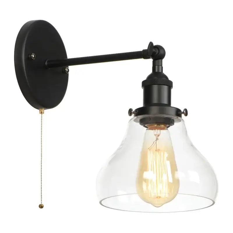 Industrial black iron led wall sconce with clear glass shade and exposed filament bulb by decorbites black iron
