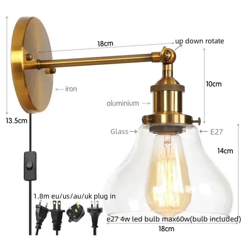 Industrial black iron led wall sconce with brass finish clear glass shade and e27 led bulb for bedroom decorbites black iron