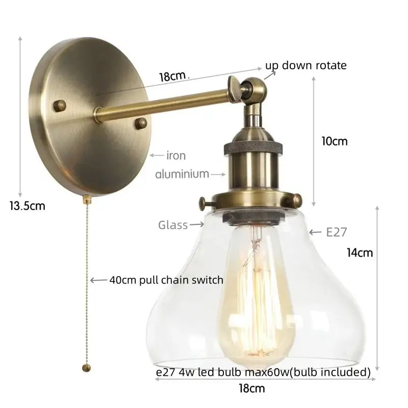 Industrial black iron led wall sconce with brass finish clear glass shade and e27 bulb for bedroom decorbites black iron