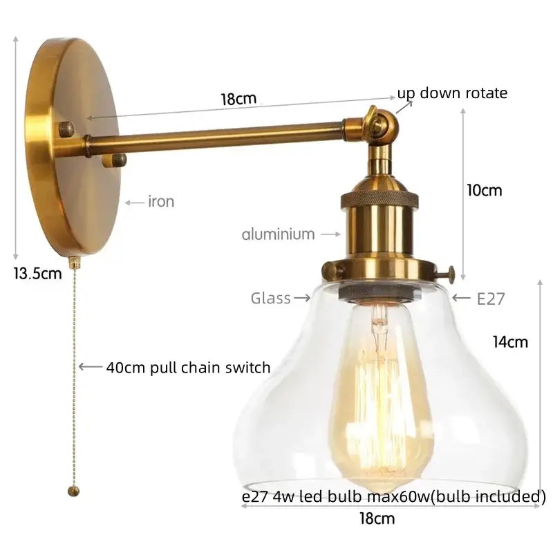 Industrial black iron led wall sconce with brass finish clear glass shade and e27 led bulb for bedroom decorbites black iron