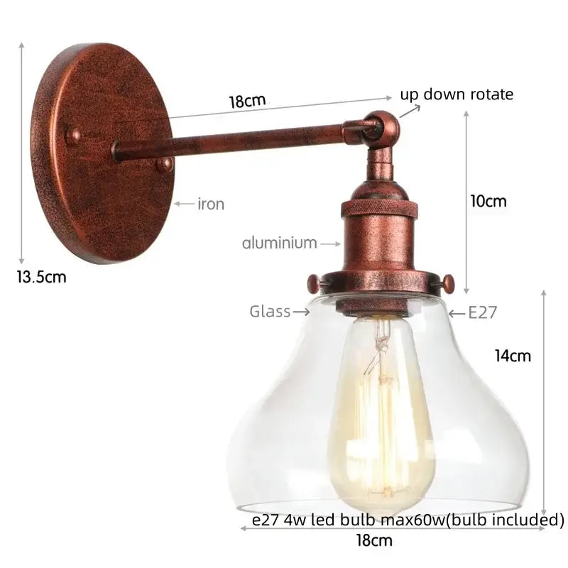 Industrial black iron led wall sconce with copper finish clear glass shade e27 led bulb and pull chain for bedroom decorbites black iron