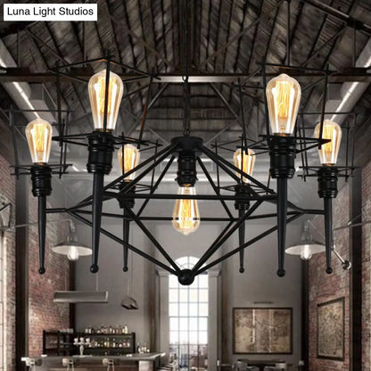 Industrial Black Iron Multi-Light Cage Pendant Chandelier for Restaurants