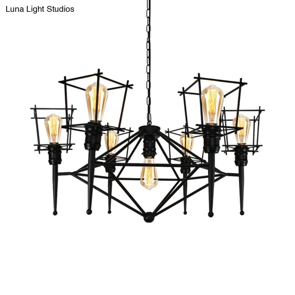 Industrial Black Iron Multi-Light Cage Pendant Chandelier for Restaurants