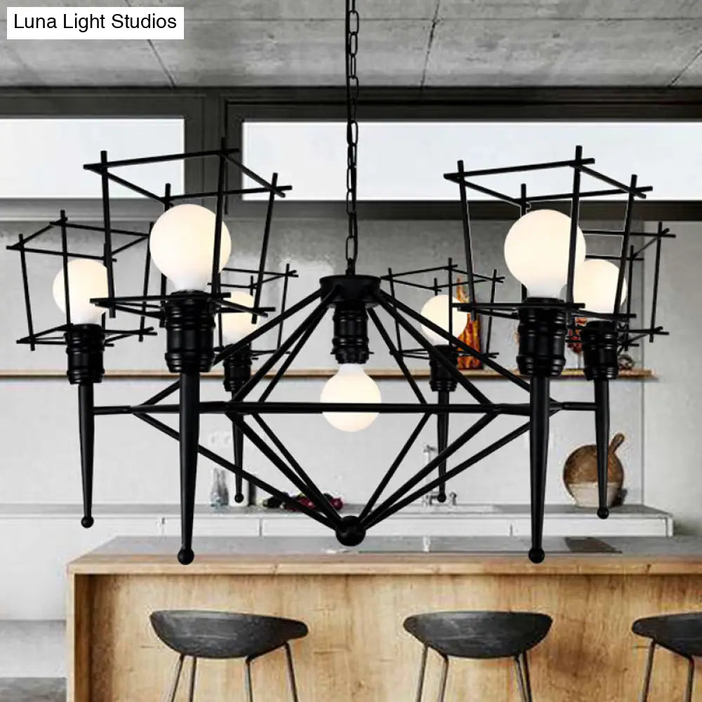 Industrial Black Iron Multi-Light Cage Pendant Chandelier for Restaurants