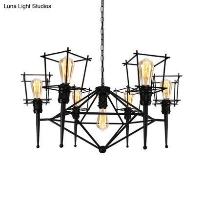 Industrial Black Iron Multi-Light Cage Pendant Chandelier for Restaurants
