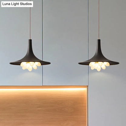 Industrial Black Iron Pendant Chandelier with Wide Flared Shade – Grapes Frosted Glass – Dining Room Hanging Lamp