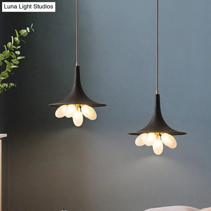 Industrial Black Iron Pendant Chandelier with Wide Flared Shade – Grapes Frosted Glass – Dining Room Hanging Lamp