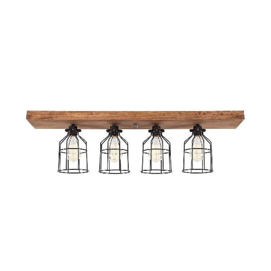 DecorBites™ DecorBites™ Industrial Black Iron Semi Flush Ceiling Light Fixture with Wire Cage and Wooden Canopy - 4 Bulbs
