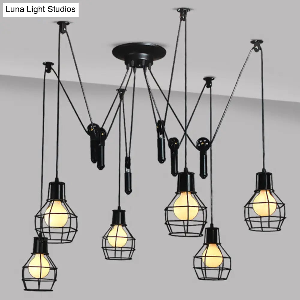 Industrial Black Iron Swag Pendant Lighting with 6 Caged Lights and Pulley