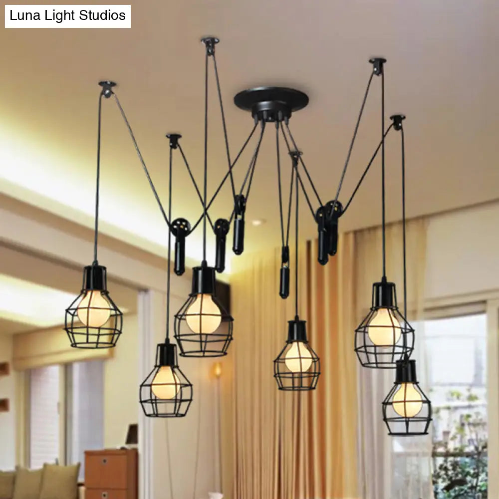 Industrial Black Iron Swag Pendant Lighting with 6 Caged Lights and Pulley