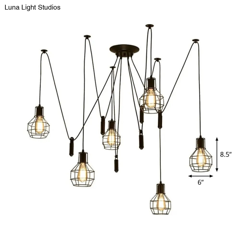 Industrial Black Iron Swag Pendant Lighting with 6 Caged Lights and Pulley