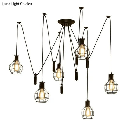 Industrial Black Iron Swag Pendant Lighting with 6 Caged Lights and Pulley