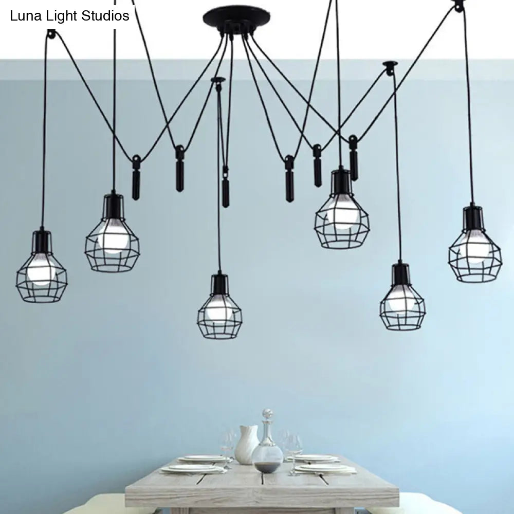 Industrial Black Iron Swag Pendant Lighting with 6 Caged Lights and Pulley