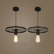 Industrial black iron wheel chandelier pendant light featuring black metal bicycle wheel design with exposed filament bulbs