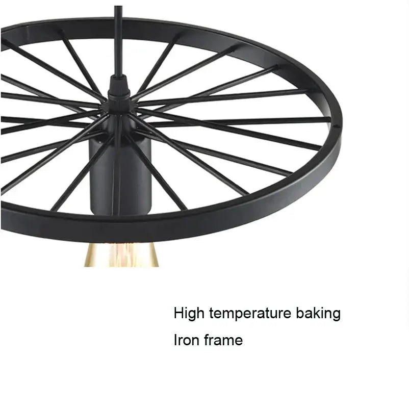 Industrial black iron wheel chandelier with circular frame and radial spokes pendant light for dining room decorbites iron wheel