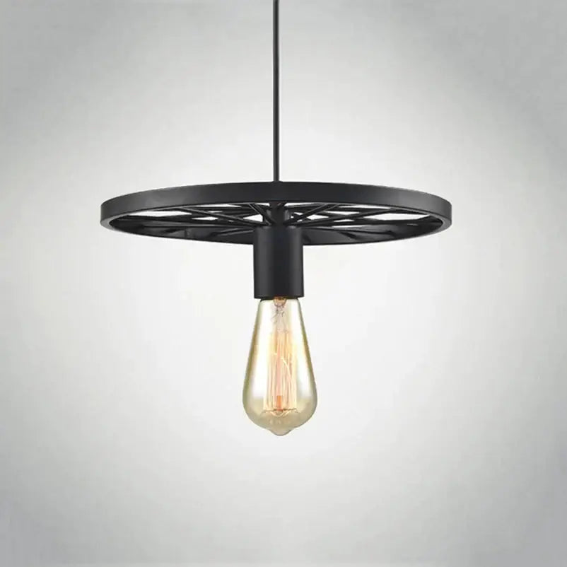 Black industrial iron wheel chandelier pendant light with circular frame and exposed Edison bulb for dining room decorbites