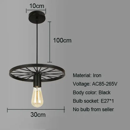 Industrial black iron wheel chandelier pendant light with circular design and exposed edison bulb for dining room decorbites iron wheel pendant light