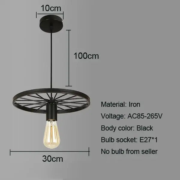 Industrial black iron wheel chandelier pendant light with circular design and exposed edison bulb for dining room decorbites iron wheel pendant light